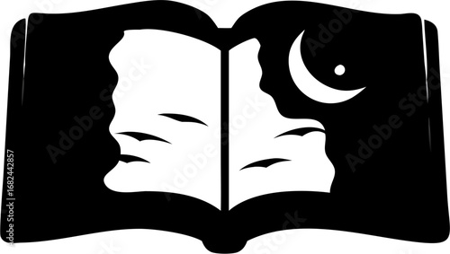 Open book with face silhouettes and crescent moon in black and white graphic illustration style image