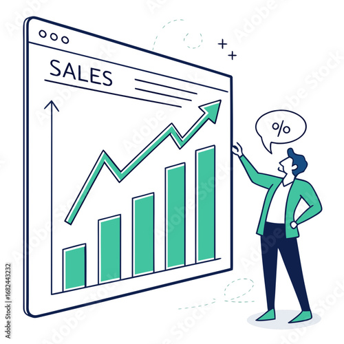 Man pointing at rising sales graph with percentage speech bubble