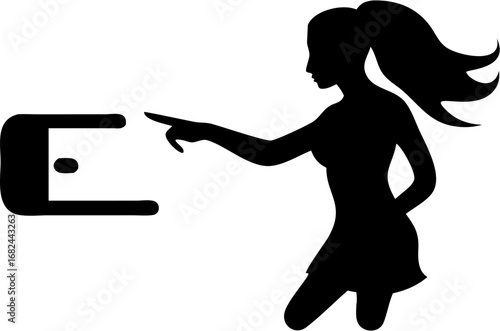 Silhouette of a woman with ponytail pointing at the letter e in black and white minimalist design