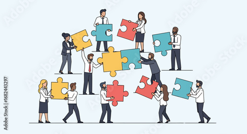 Illustration of diverse people assembling puzzle pieces to represent teamwork and collaboration.