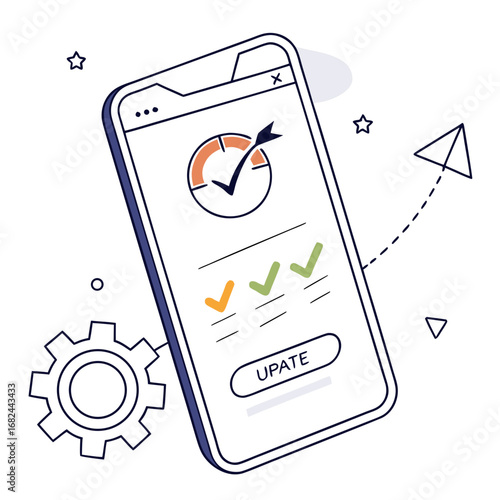 Mobile phone with update progress and checkmarks vector