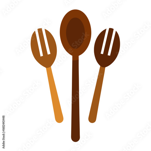 Wooden kitchen utensils set brown spoons vector on white background.