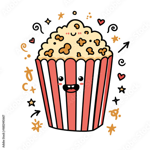 Cute cartoon popcorn in striped box with cheerful expression  