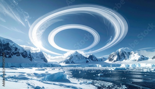 Snowy mountains meet icy water under a bright sky, with a ring-like halo floating above, creating an otherworldly, ethereal scene