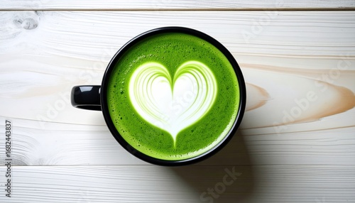 Overhead shot of a mug with green matcha latte art shaped like a heart, sitting on a light, textured wooden surface