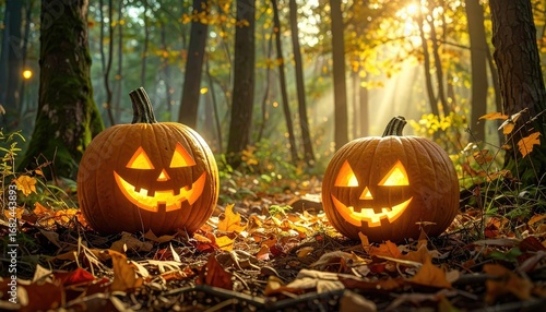 Two glowing carved pumpkins sit amidst fallen autumn leaves in a sunlit forest. Light beams through trees, creating a warm, festive scene