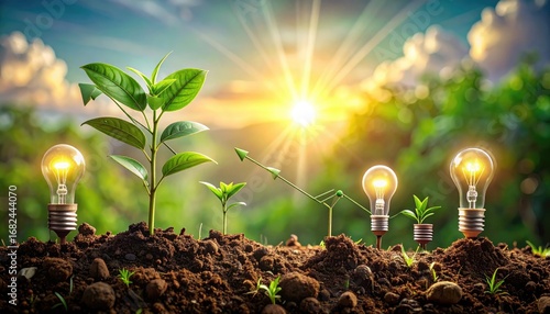 Seedlings sprout, growing towards the sunlight, flanked by glowing lightbulbs on mounds of soil, symbolizing growth and bright ideas