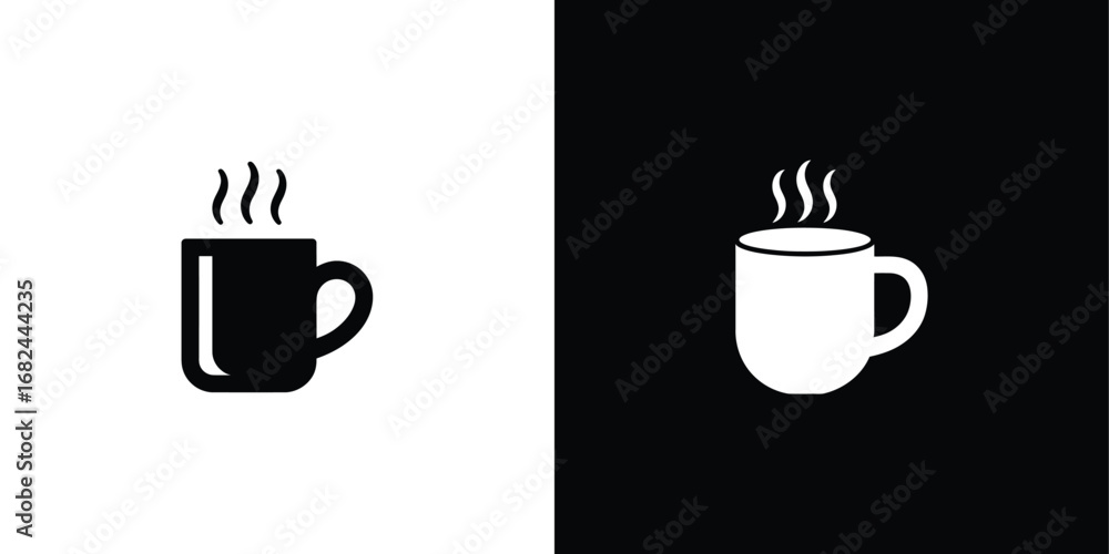 Obraz premium Hot Drink Icon Coffee Mug with Steam Silhouette on White and Black Backgrounds