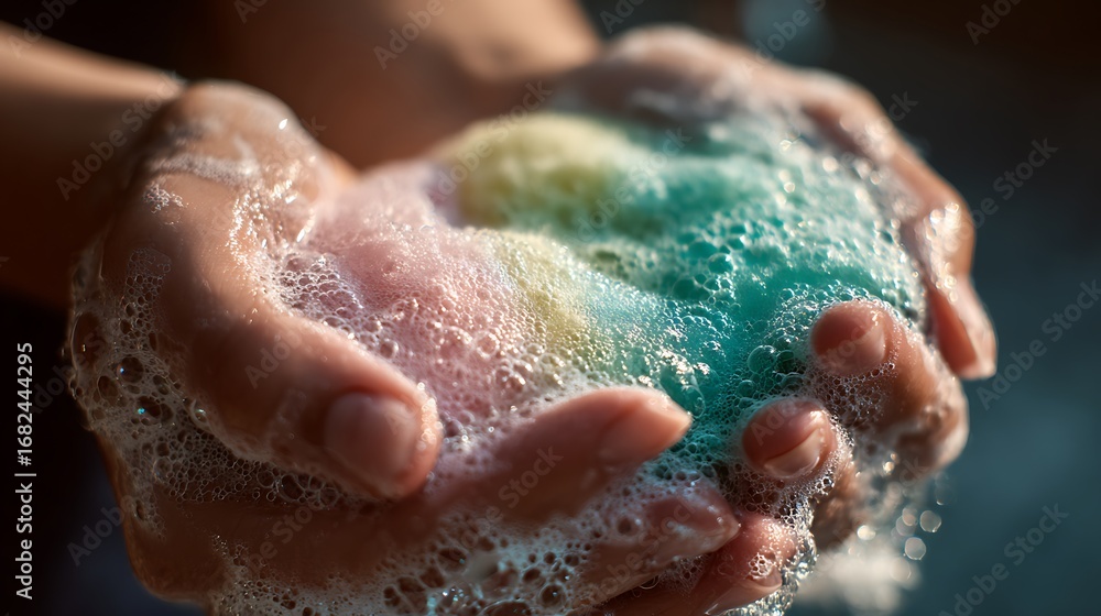 Fototapeta premium Hands Holding Colorful Bubbly Soap with Foam for Cleaning Concept