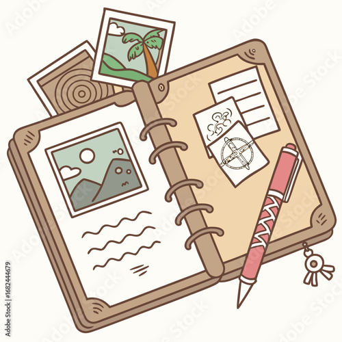 Open journal with travel photos and pen palm tree