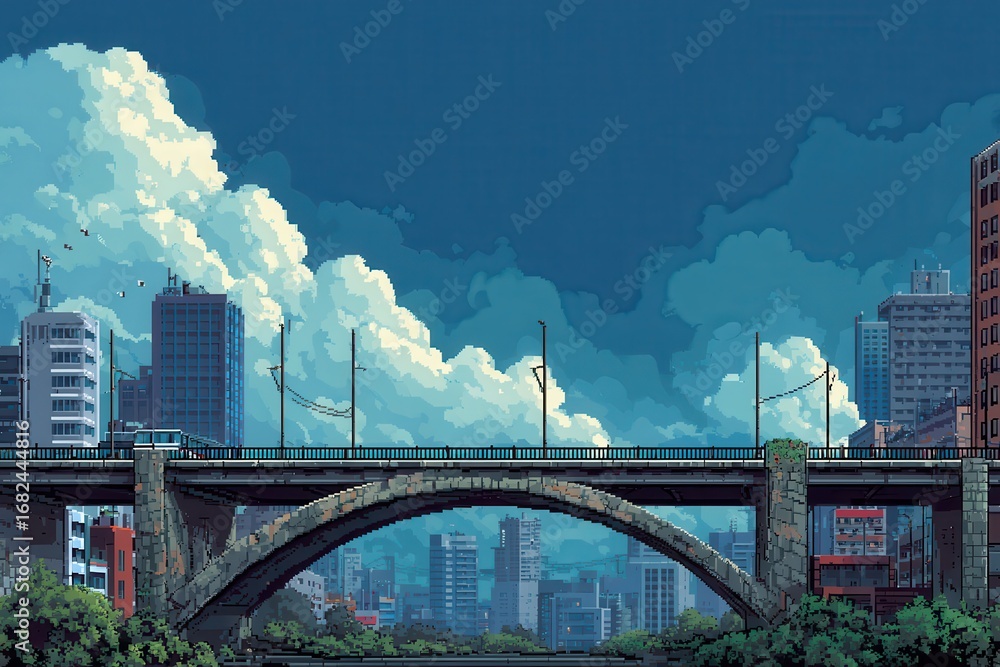 Obraz premium Pixel art cityscape with bridge and skyline under a cloudy sky
