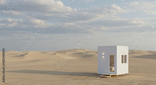 Modern Minimalist Cabin in Expansive Desert Landscape Under Soft Cloudy Sky