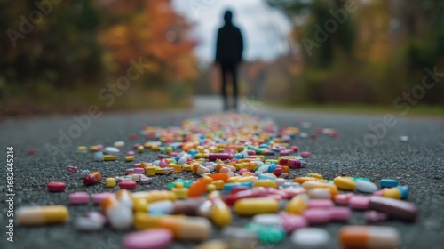 Scattered Pills on Autumn Road, Blurred Figure Walking Away