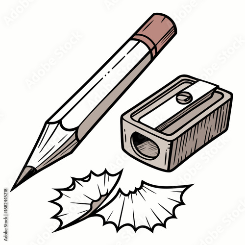 Pencil sharpener and pencil shavings drawing writing