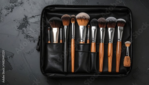 Several makeup brushes with brown handles are neatly organized in a black leather-like case on a textured dark grey background