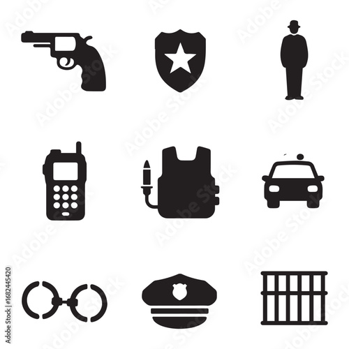 Black Silhouette Law Enforcement Icons Featuring Police, Weapons, Vehicles, Uniforms, and Equipment. 