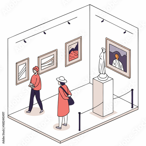 People viewing art exhibition gallery paintings