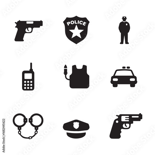 Black Silhouette Law Enforcement Icons Featuring Police, Weapons, Vehicles, Uniforms, and Equipment. 