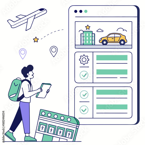 Person planning travel with digital devices booking