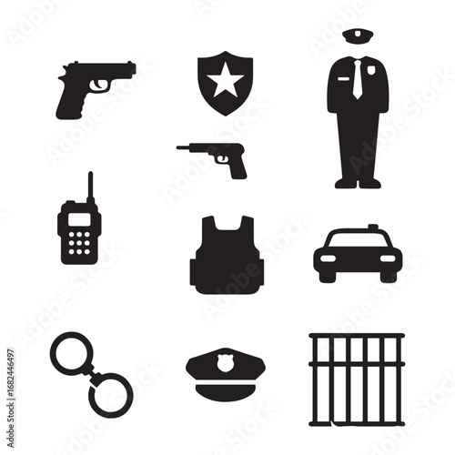 Black Silhouette Law Enforcement Icons Featuring Police, Weapons, Vehicles, Uniforms, and Equipment. 