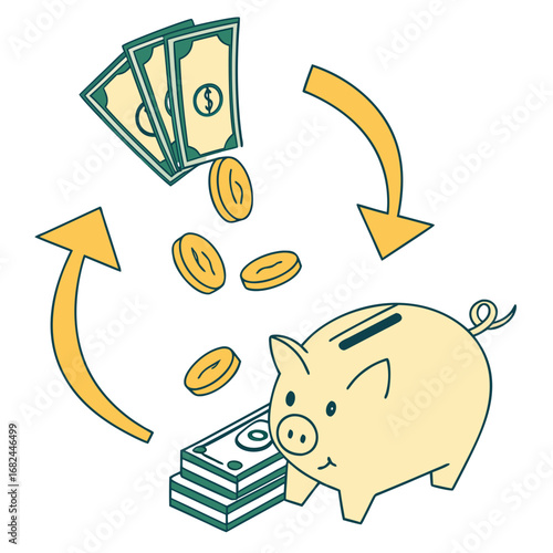 Piggy bank with cash flow and coins money savings