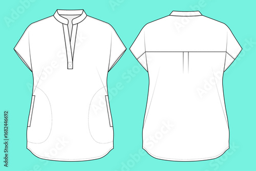 Women's Short Sleeve Oversized Modern Medical Scrub Fashion Flat Sketch CAD Mockup Outline.