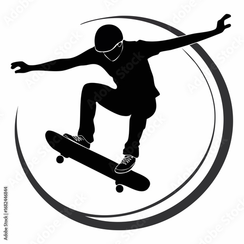 A silhouette of a skateboarder performing a trick, embodying skill and movement