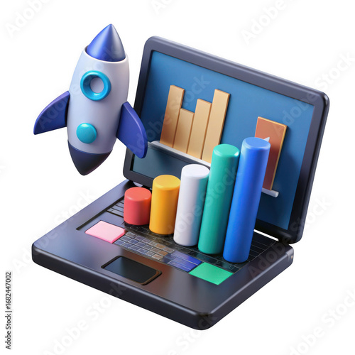 3d rocket launching business growth chart on laptop isolated on transparent background