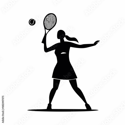 A silhouette of a woman playing tennis with racket in hand and the ball in mid-air. The woman's posture captures the motion and energy of the sport