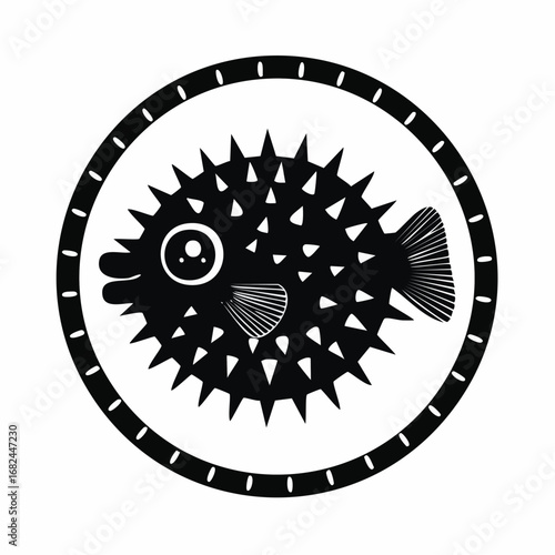 Pufferfish silhouette in a circular frame, showcasing its spiky appearance