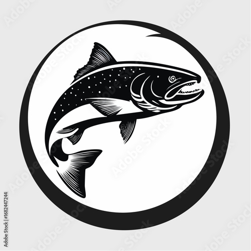 Stylized black and white vector illustration of a jumping speckled trout, enclosed in a circular frame with a hook, ideal for a fishing club logo or emblem