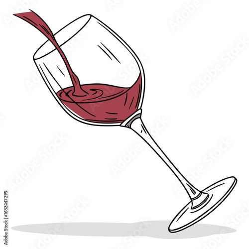 Red liquid pouring into tilted wine glass red wine