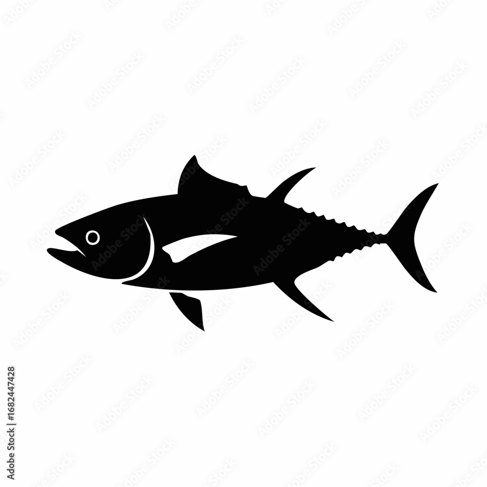 Naklejka premium Vector illustration of a tuna fish icon. A simple black silhouette of an oceanic animal for seafood menus or fishing club emblems