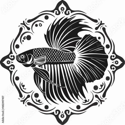 Elegant Betta Fish Illustration in Ornate Frame for Artistic Designs