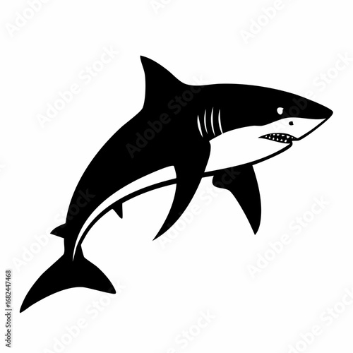 Dynamic monochrome illustration of a powerful shark, capturing its essence as a formidable ocean predator, perfect for design projects related to marine life, strength, or danger