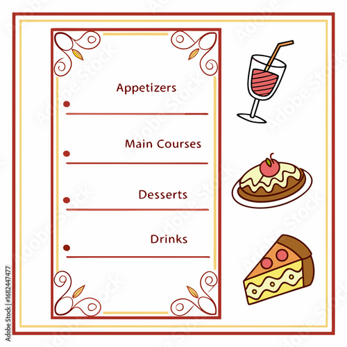 Restaurant menu with food and drinks appetizers