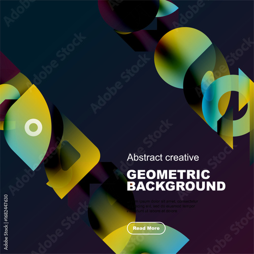 Abstract geometric shapes overlap, creating vibrant colorful background. Dark navy contrasts bright hues. Modern design elements present.