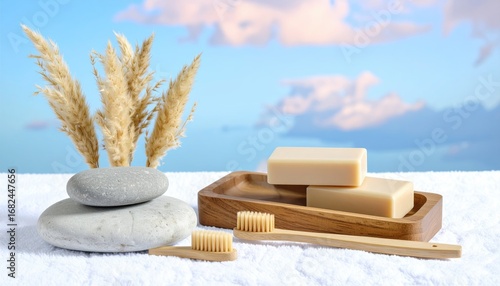 Calm spa arrangement on a soft white towel, showcasing natural soaps, bamboo toothbrushes, stones and dried plants, against a serene blue sky