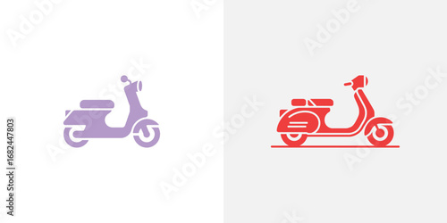 Side View of Two Scooters, Lilac and Red Icons on Gray Backgrounds