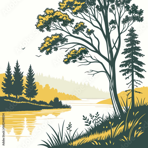 Serene lakeside landscape with trees and birds nature