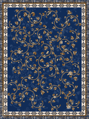 Ornamental Floral Carpet Design in Blue and Gold – Hand-Drawn Vector
