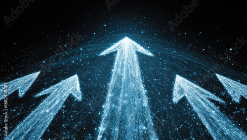 Multiple upward-pointing arrows, composed of shimmering light and interconnected points, soar against a dark backdrop.  A complex, abstract design, suggesting progress and growth.