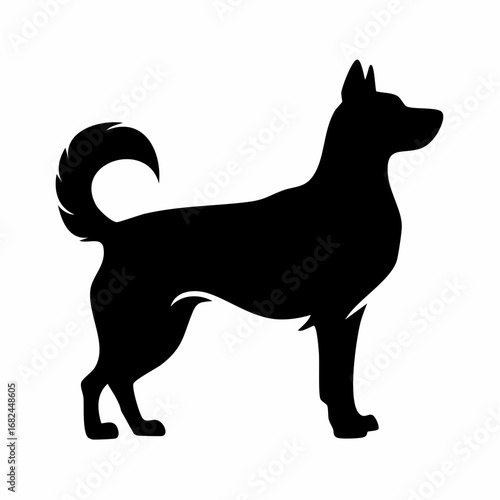Silhouette of a Husky dog standing alertly with its tail curled over its back, depicted against a white background