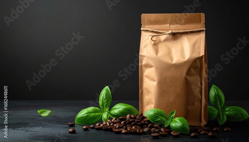 A brown paper bag tied with twine sits next to coffee beans and basil leaves, on a dark surface against a dark background. Copy space available