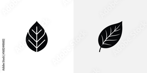 Two Black Leaf Icons on a Light Gray Background, Botanical Illustration