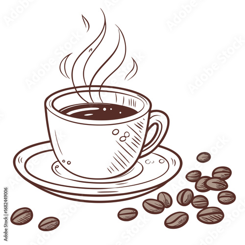 Steaming Coffee Cup With Beans saucer