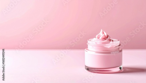 Pale pink cream in a glass jar, swirled on top, set against a gradient pink backdrop. Elegant simplicity emphasizes the product