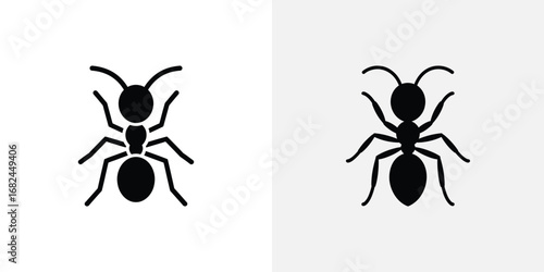 Two Simple Black Ant Silhouette Illustrations on a White and Light Gray Background