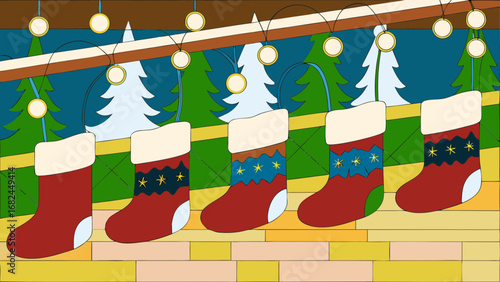 Hanging on a clothesline, a festive red Christmas sock is ready for Santa's gifts and holiday celebrations