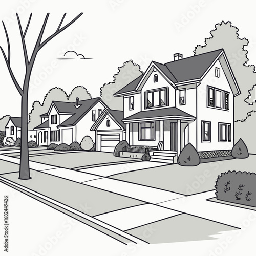 Suburban houses with trees and sidewalk residential